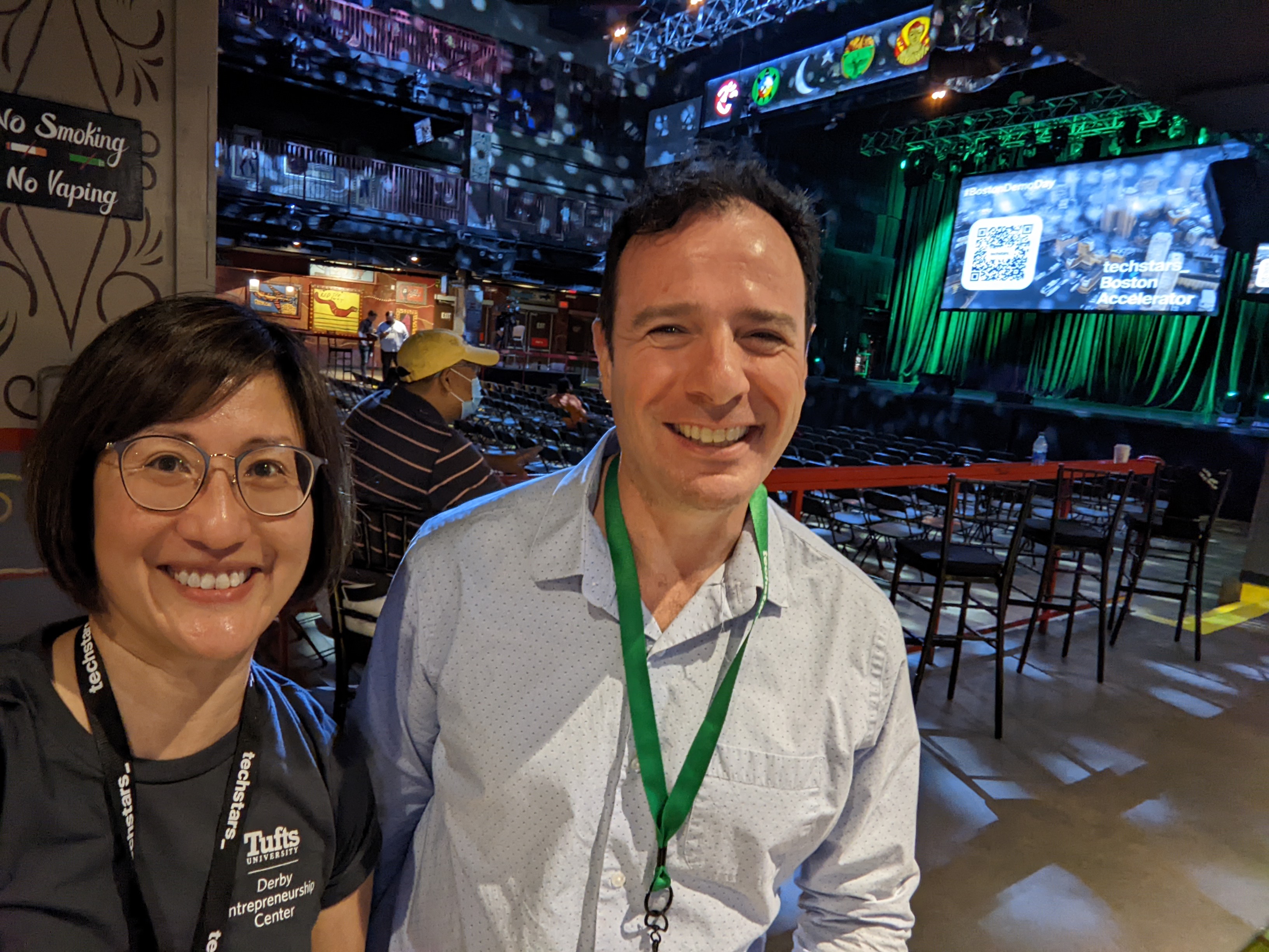From left, Elaine Chen, Director of the Derby Entrepreneurship Center at Tufts, and Gregory Raiz, Managing Director at Techstars.