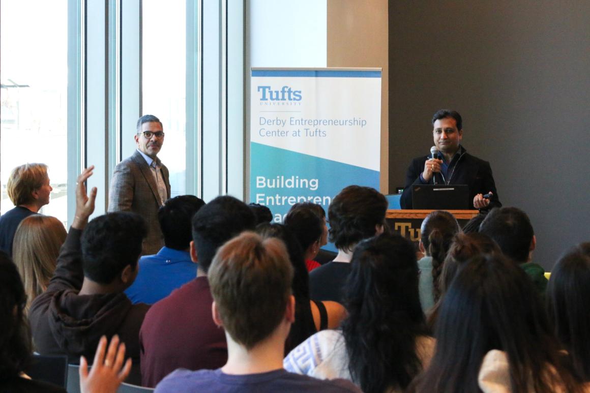 Sunjay Kapur and Vivek Singh of Sona Comstar speaking at Tufts