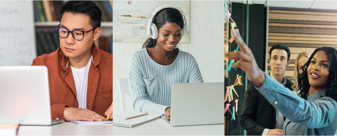 Collage of students studying on computers and working collaboratively